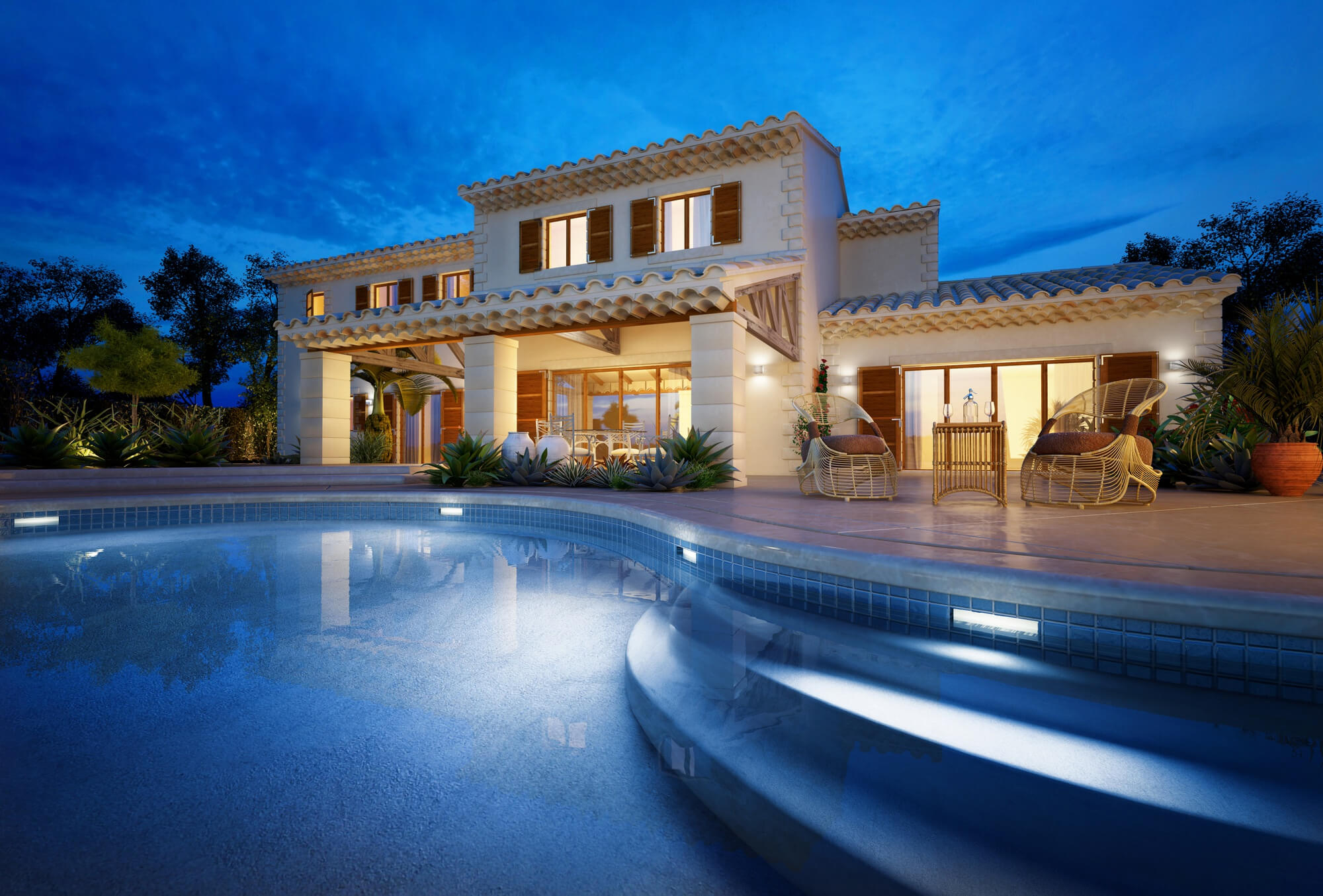 external-view-modern-house-with-pool-dusk
